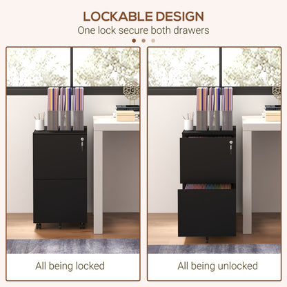 Vertical Steel Filing Cabinet on Wheels, 2-Drawer Lockable File Cabinet with Adjustable Hanging Bar for A4, Legal and Le