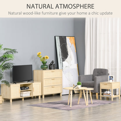 Narrow Nightstand with Rattan Elements, Bedside Table with Drawer and Storage Shelf for Bedroom, Natural