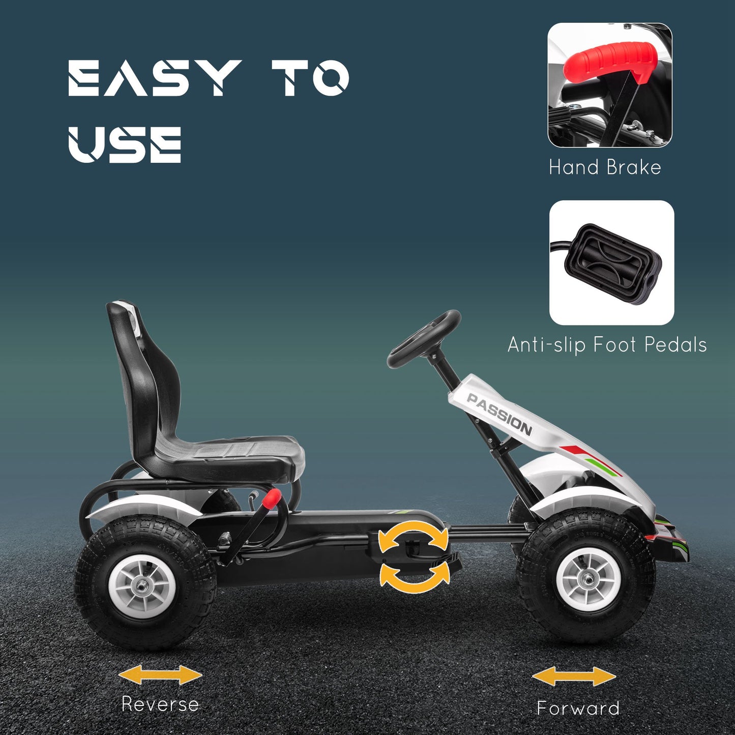 VarietyKart Pedal Go Kart for Kids, Pedal Car with Adjustable Bucket, Handbrake, 4 Rubber Wheels Powered Ride, White