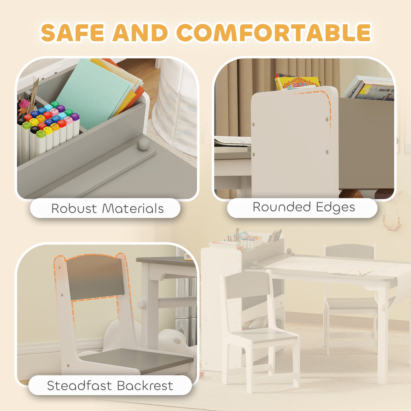 Qaba Kids Table and Chairs Set, Toddler Art Table and Chair Set with Paper Roll, Storage Shelves and Drawers, Grey