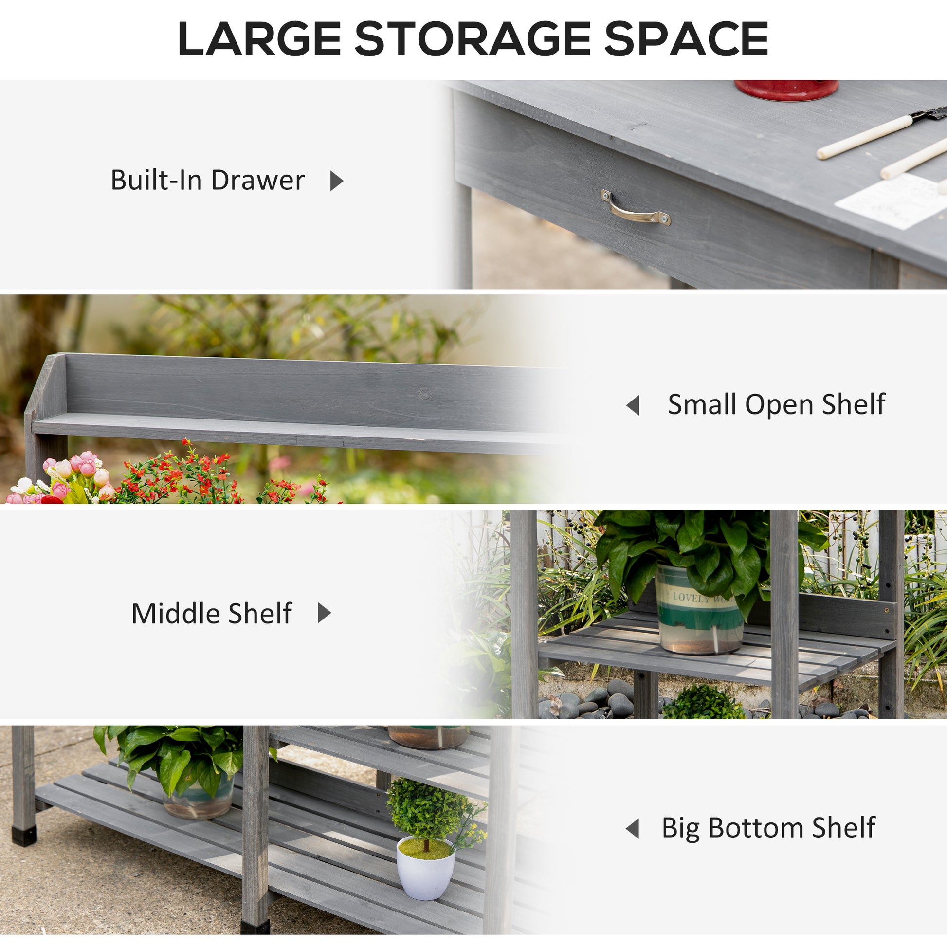 Potting Bench Table Garden Work Bench Workstation with Drawer, Removable Sink, Storage Shelves and Hooks for Patio, Cour