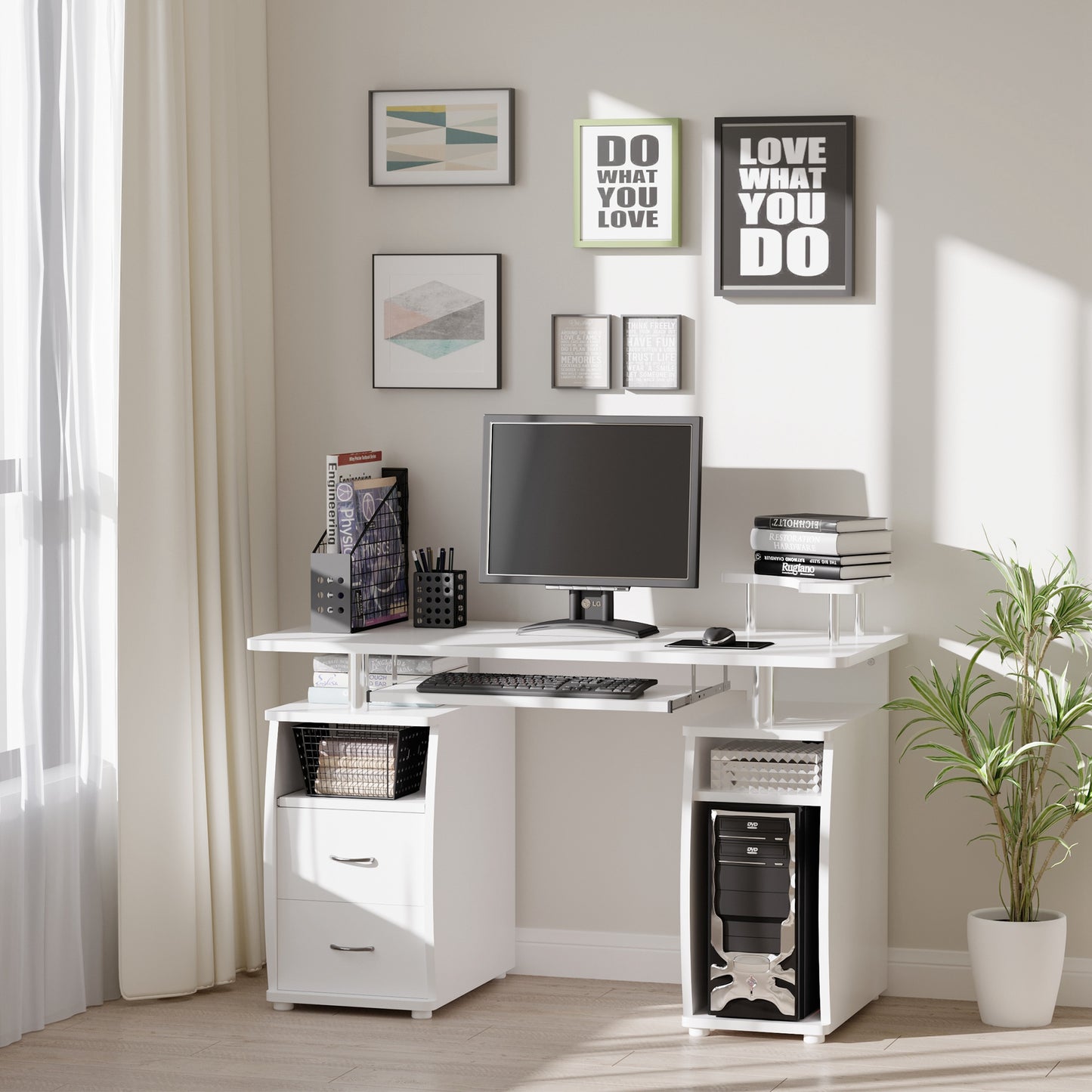 Computer Desk with Keyboard Tray, Home Office Desk with Drawers, CPU Stand, Printer Stand and Open Shelves, Writing Work