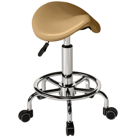 Saddle Stool, PU Leather Adjustable Rolling Salon Chair, Light Brown