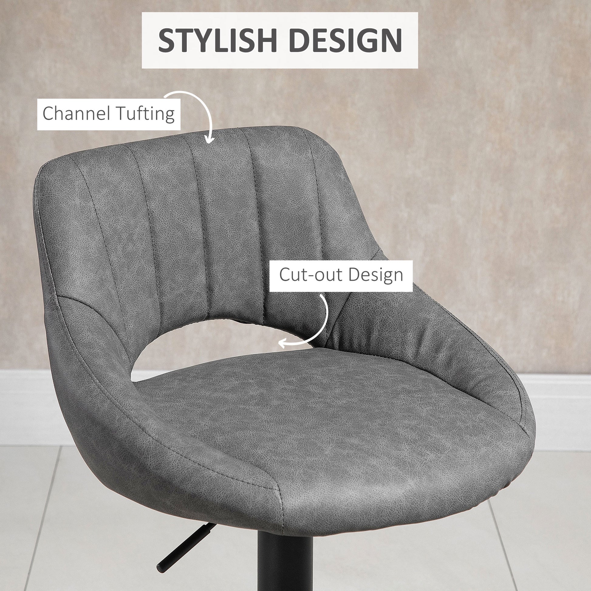 Bar Stools Set of 2, Swivel Counter Height Barstools with Adjustable Height and Cutout Back, Faux Leather Upholstered Ba