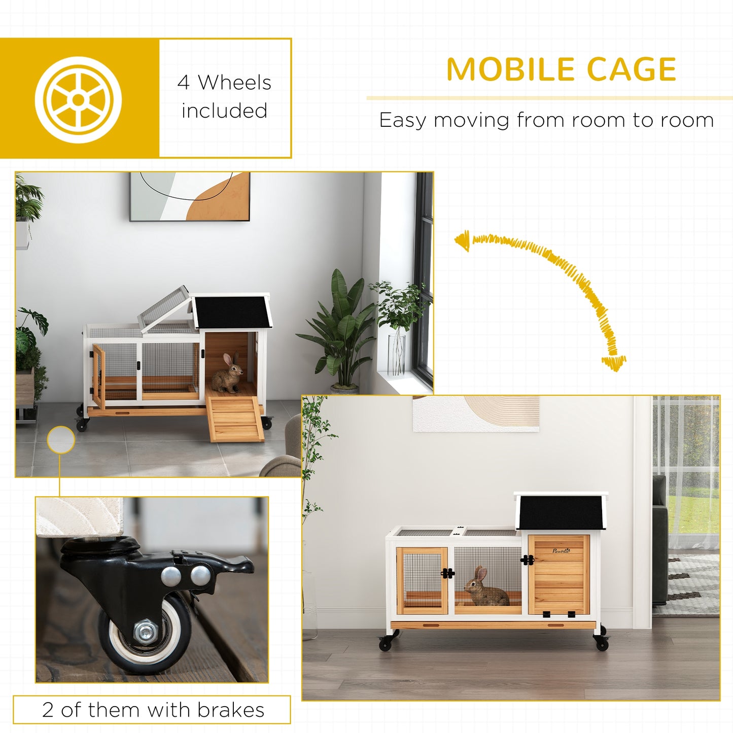 Rabbit Cage with Wheels, Ramp, Run, Tray for Indoor Outdoor, Suitable for Rabbit, Guinea Pig, Yellow