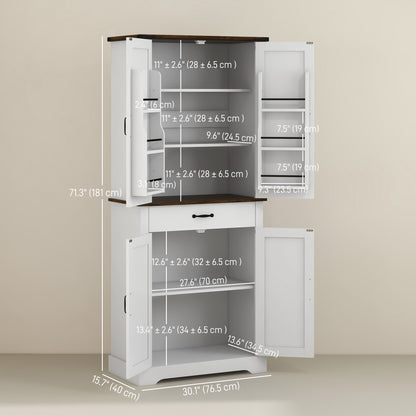 71" Tall Kitchen Cabinet, Farmhouse Pantry Cabinet with Barn Doors, Drawer and Adjustable Shelves, White