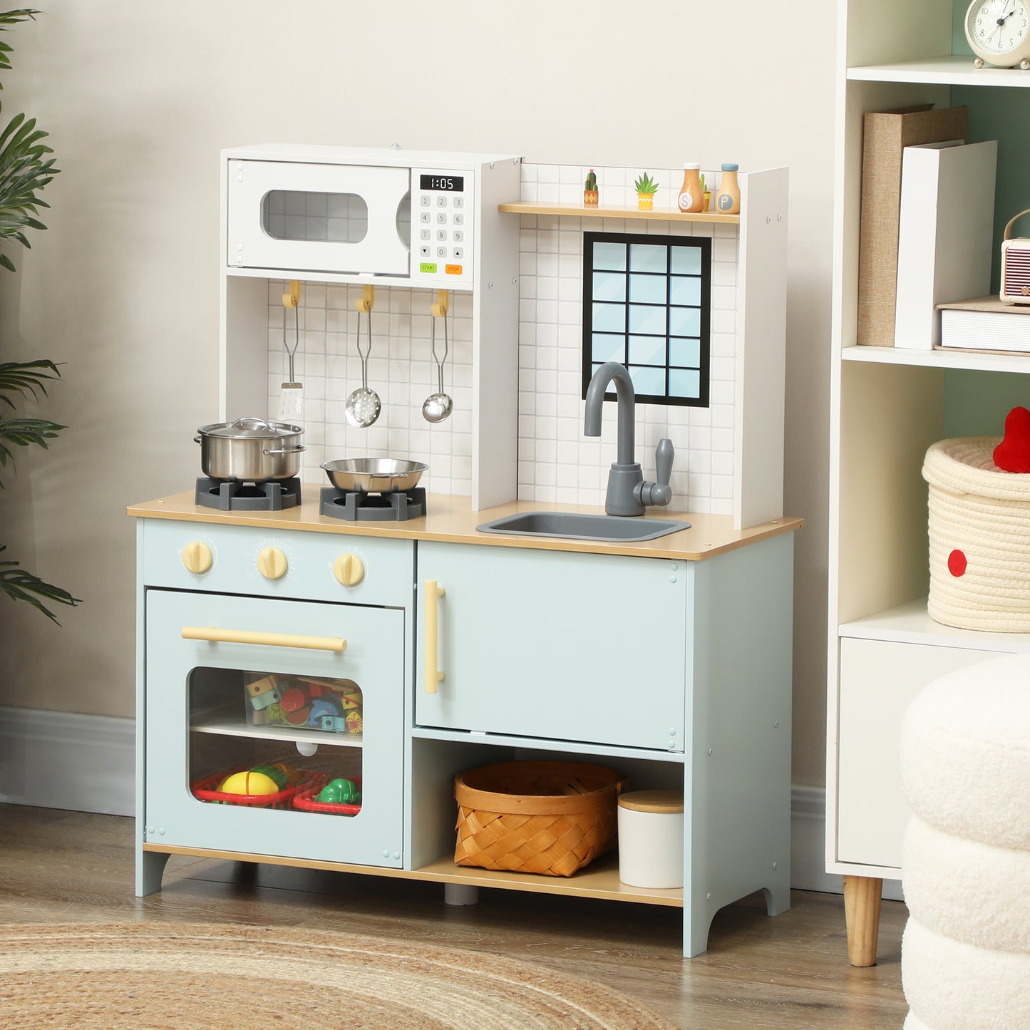 Qaba Pretend Play Kitchen, Kids Kitchen Playset with Stove Microwave Oven, Turning Knobs, Cooking Accessories