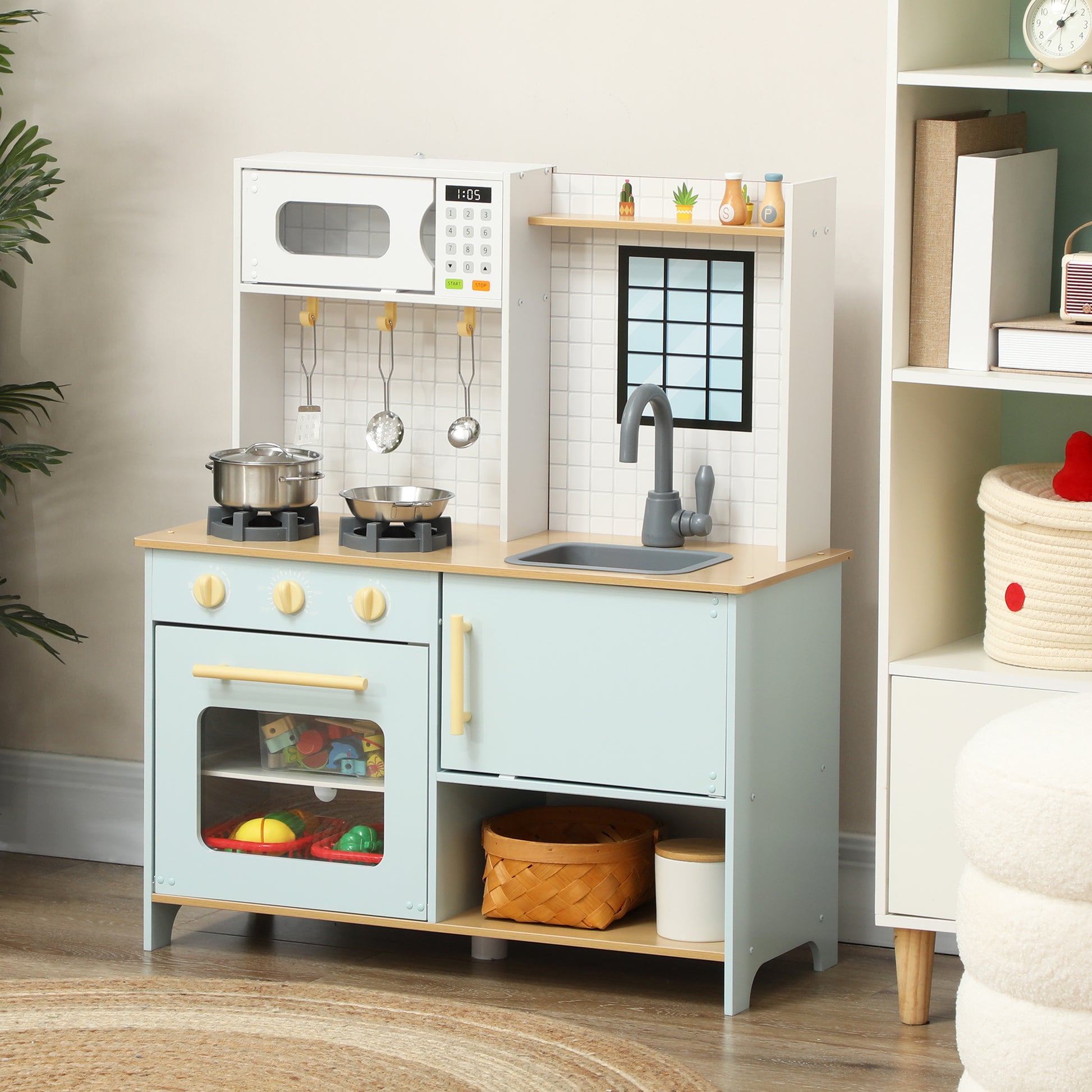 Qaba Pretend Play Kitchen, Kids Kitchen Playset with Stove Microwave Oven, Turning Knobs, Cooking Accessories
