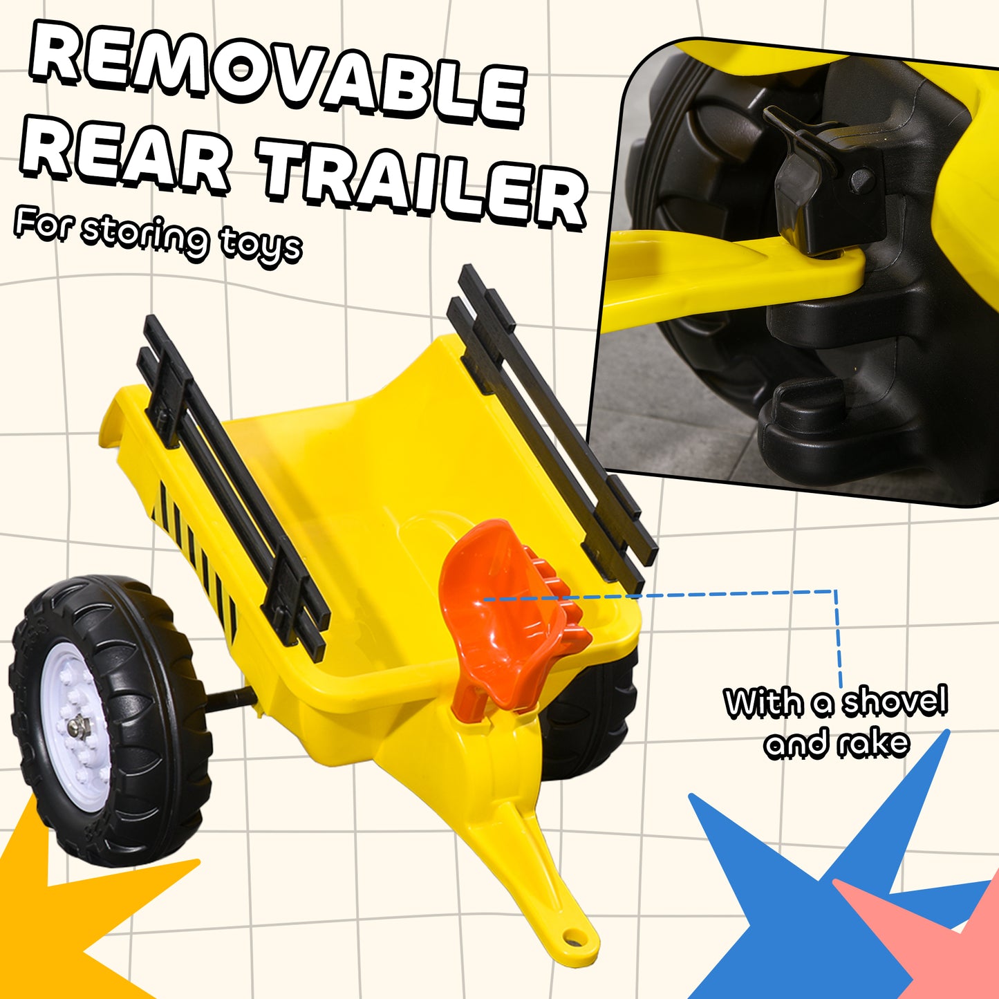 VarietyKart Ride on Excavator with Back Trailer, Shovel & Rake for 3+ Year Old