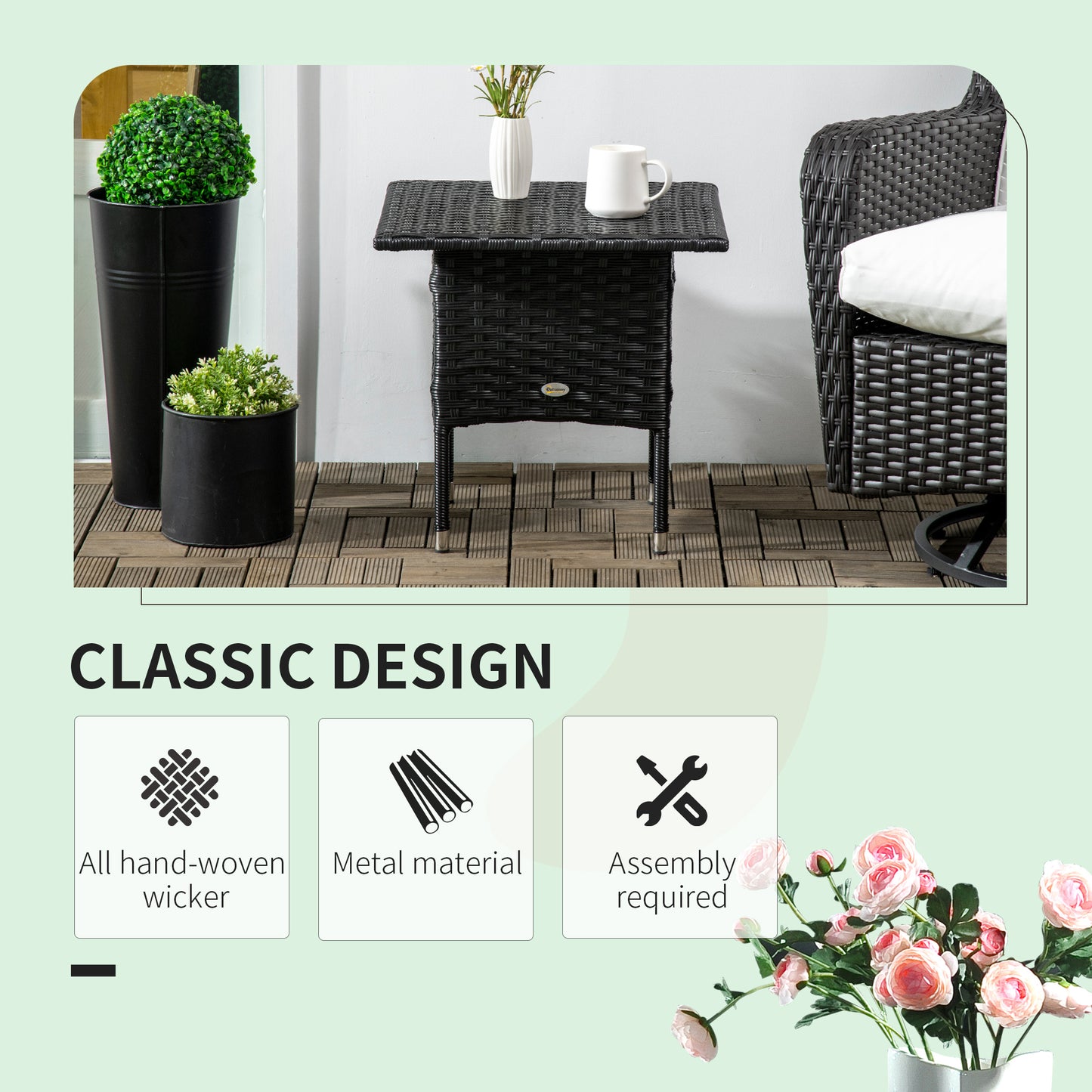 20" Patio Wicker Coffee Table, Outdoor Coffee Table with Plastic Board Underneath the Woven Tabletop for Patio, Garden, 