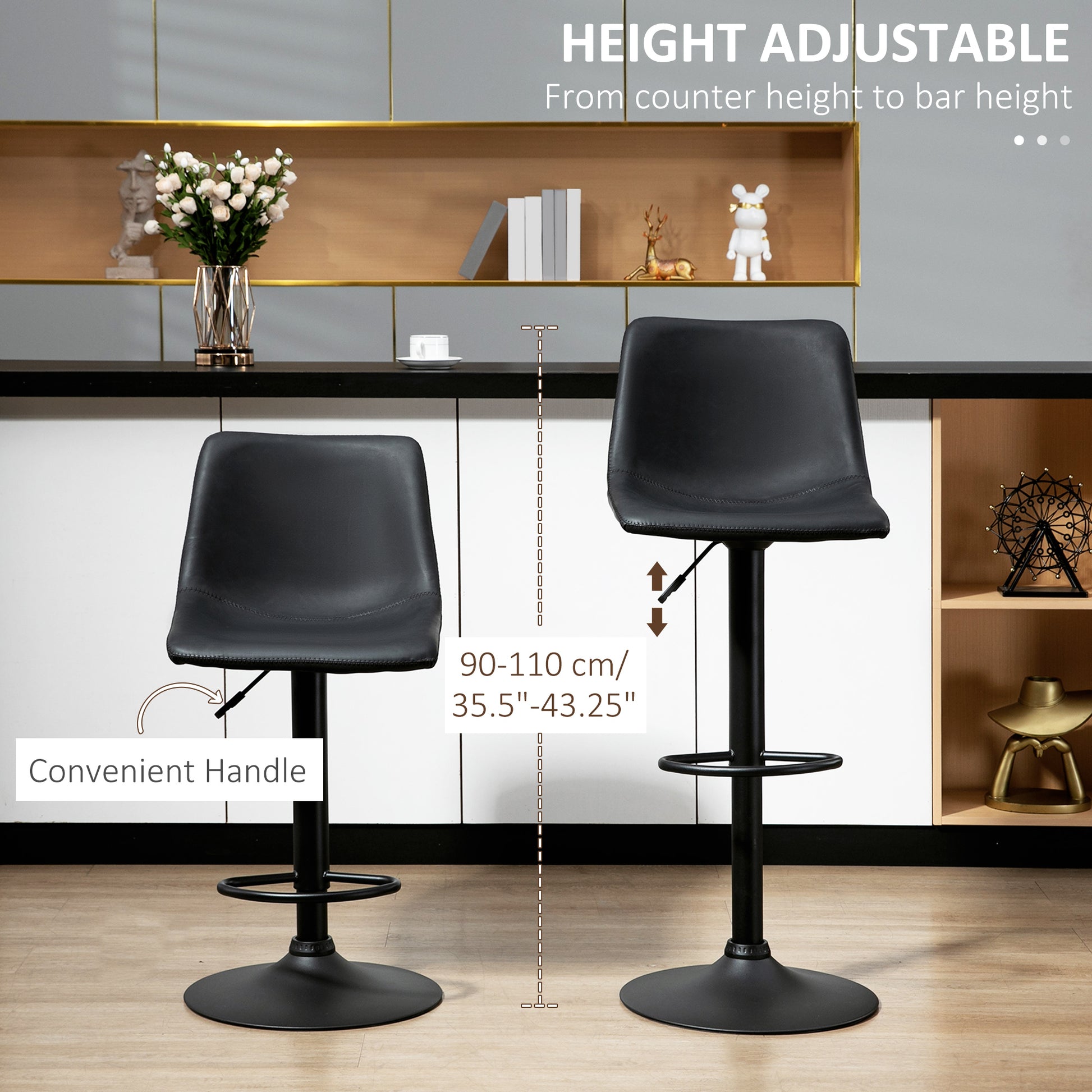 Adjustable Counter Height Bar Stools Set of 2, 360° Swivel Kitchen Counter Stools Dining Chairs with Backs, Vintage Leat