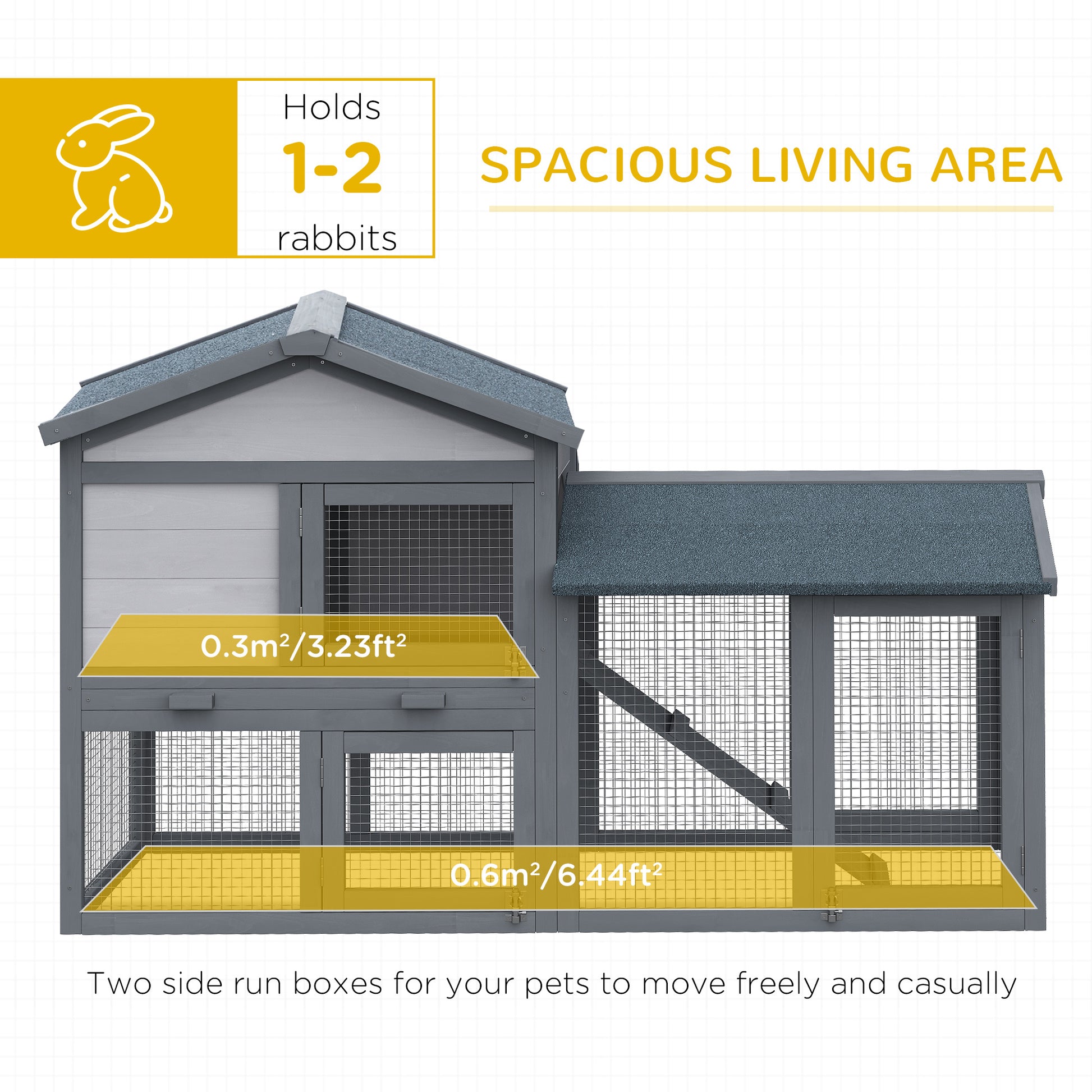 Wood Rabbit Hutch Backyard Bunny Cage Small Animal House Asphalt Roof w/ Ramp and Outdoor Run Dark Grey