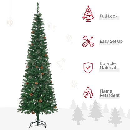 6.5ft Pencil Christmas Tree, Artificial Christmas with Pine Needles, Realistic Branches, Pine Cones, Metal Base, Green