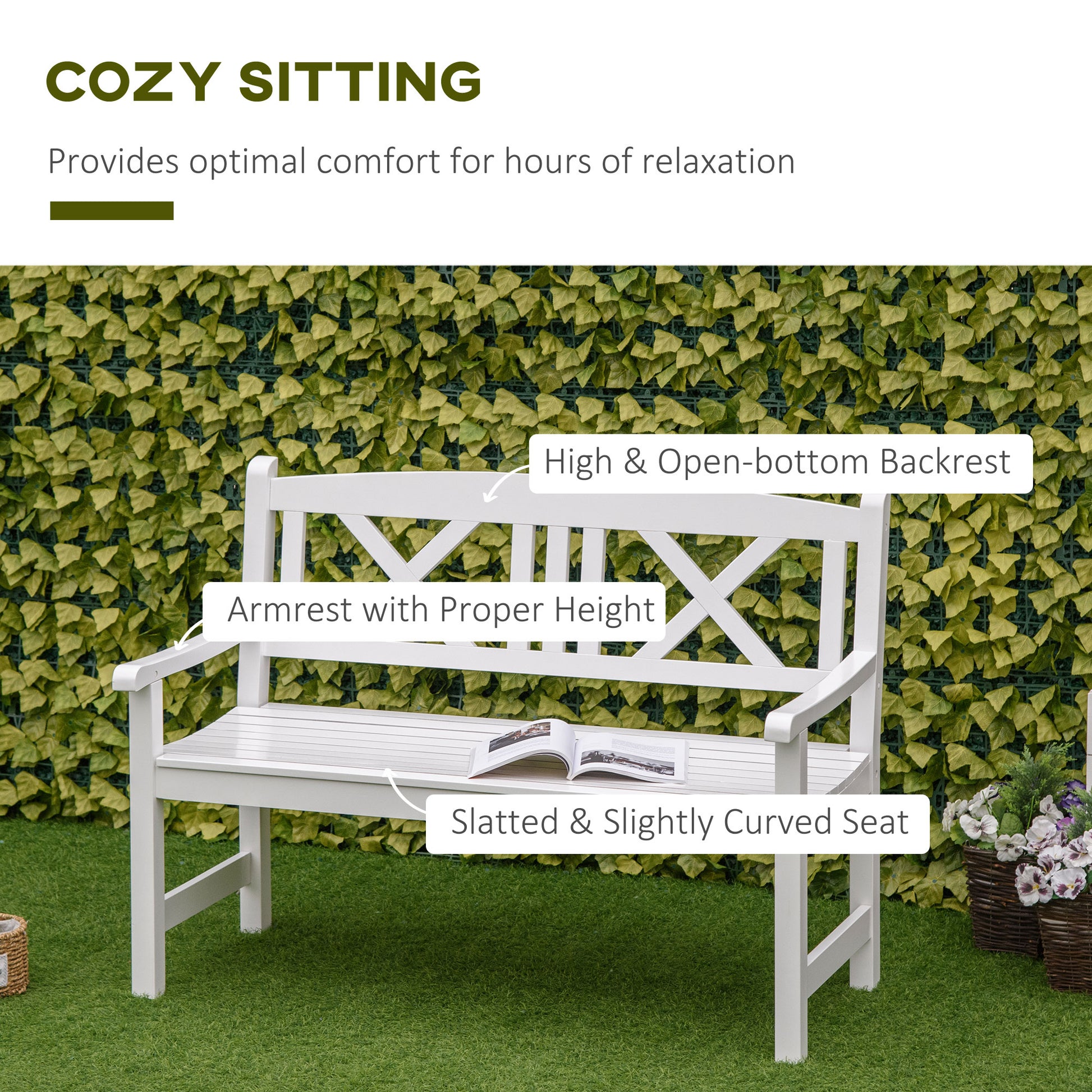 2-Seater Wooden Garden Bench, 4FT Outdoor Patio Loveseat with Unique X-Shape Back for Yard, Lawn, Porch, White