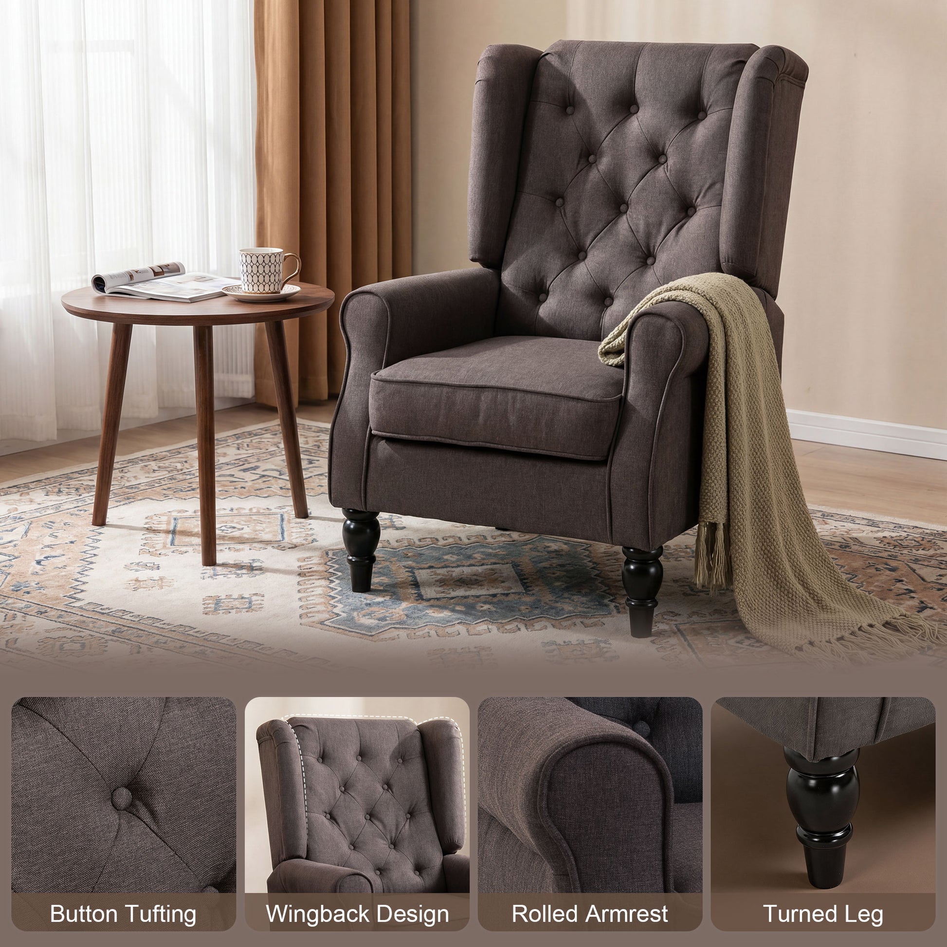 Modern Accent Chairs Button Tufted Armchair, Large Living Room Chair with Wood Legs, Rolled Arms, Thick Padding for Mode