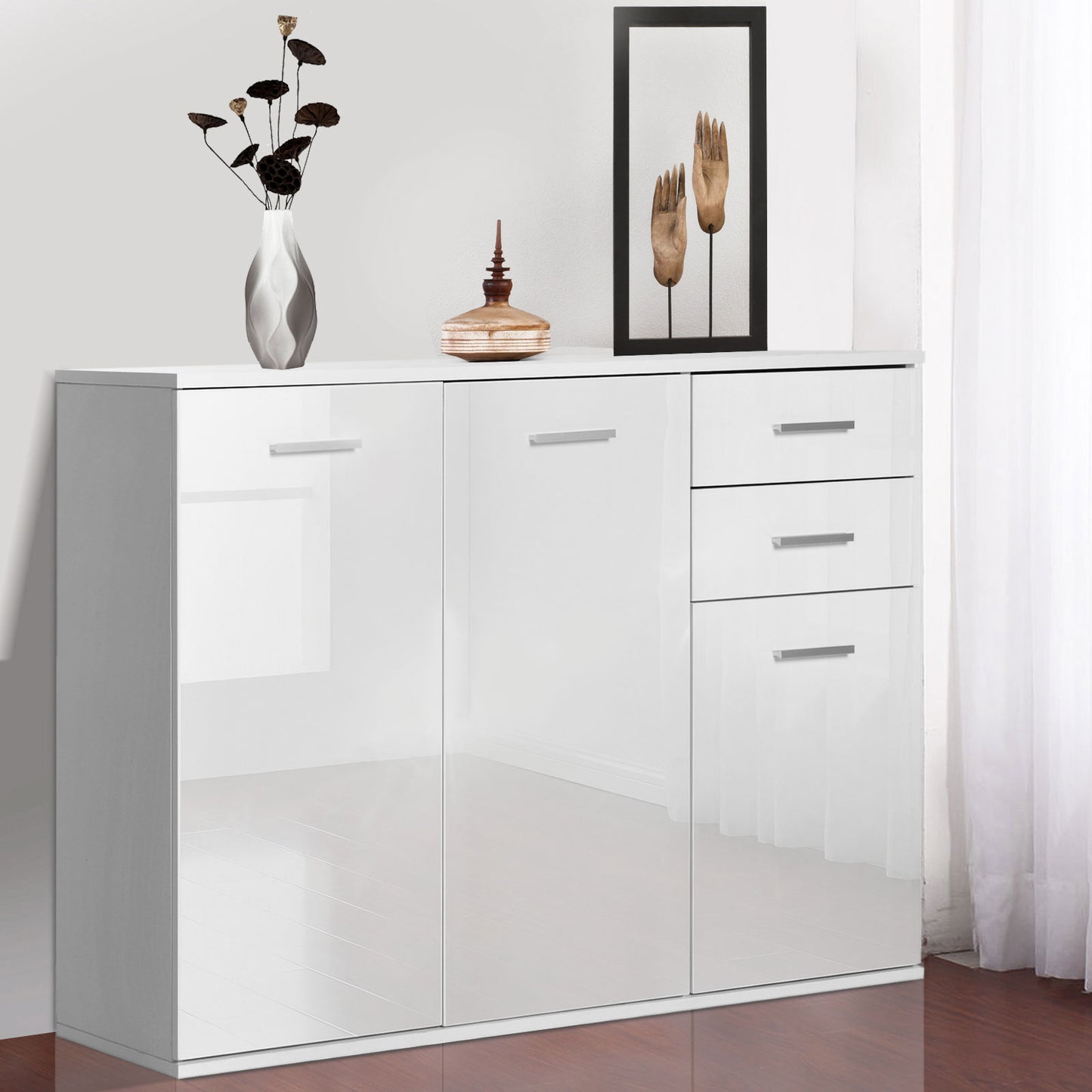 High Gloss Sideboard with 2 Drawers and 3 Doors, Buffet Cabinet with Adjustable Shelf, Coffee Bar Cabinet with Storage, 