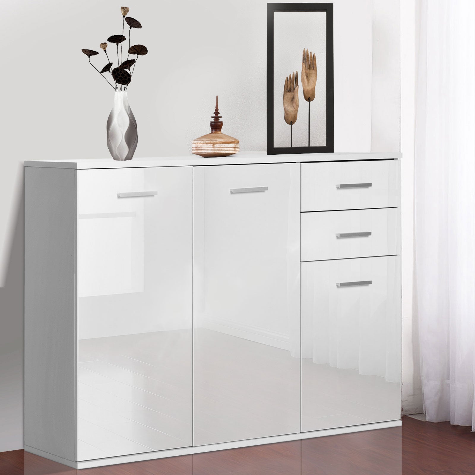 High Gloss Sideboard with 2 Drawers and 3 Doors, Buffet Cabinet with Adjustable Shelf, Coffee Bar Cabinet with Storage, 