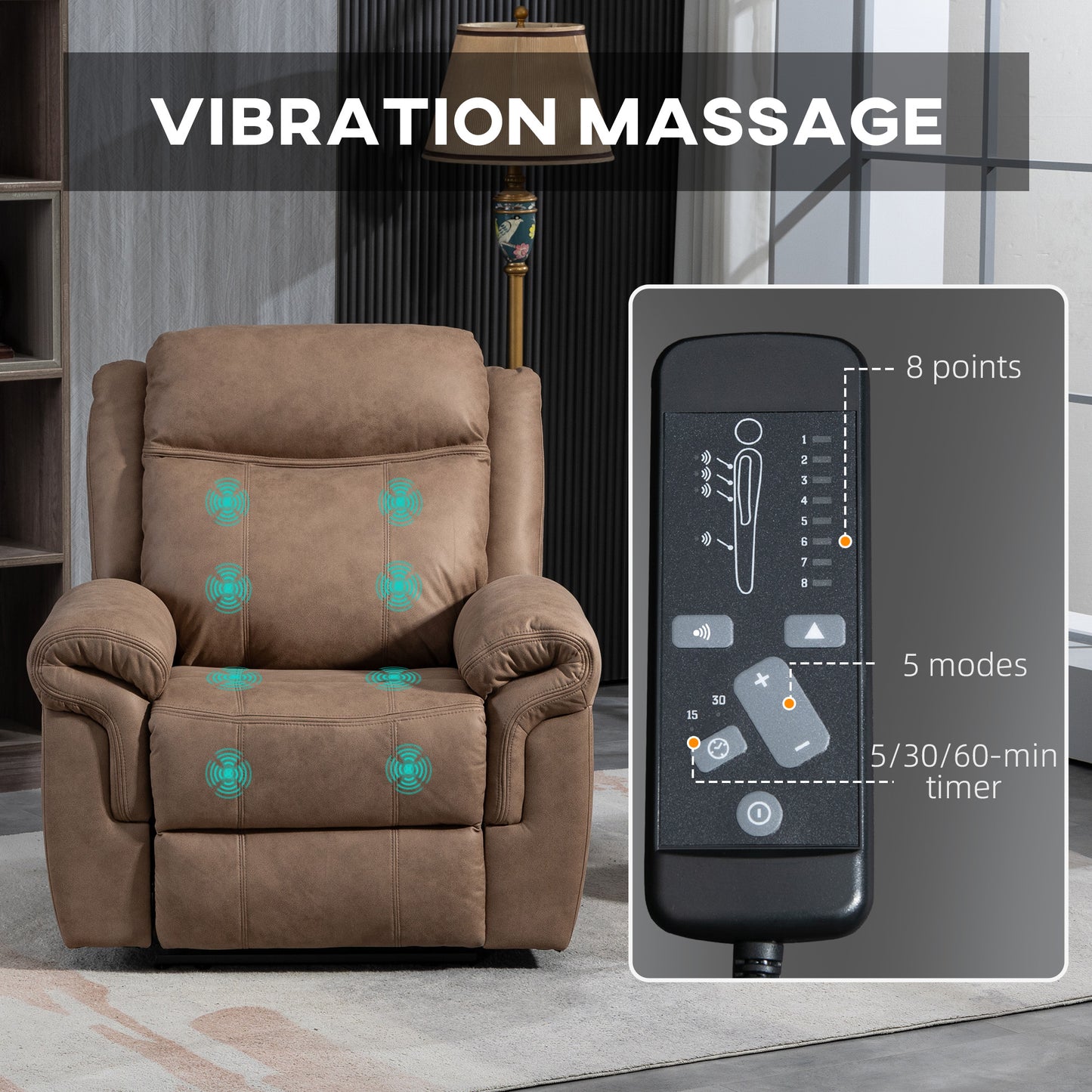 Manual Recliner Chair with Vibration Massage, Side Pockets, Microfibre Reclining Chair Nursing Chair for Living Room, Br