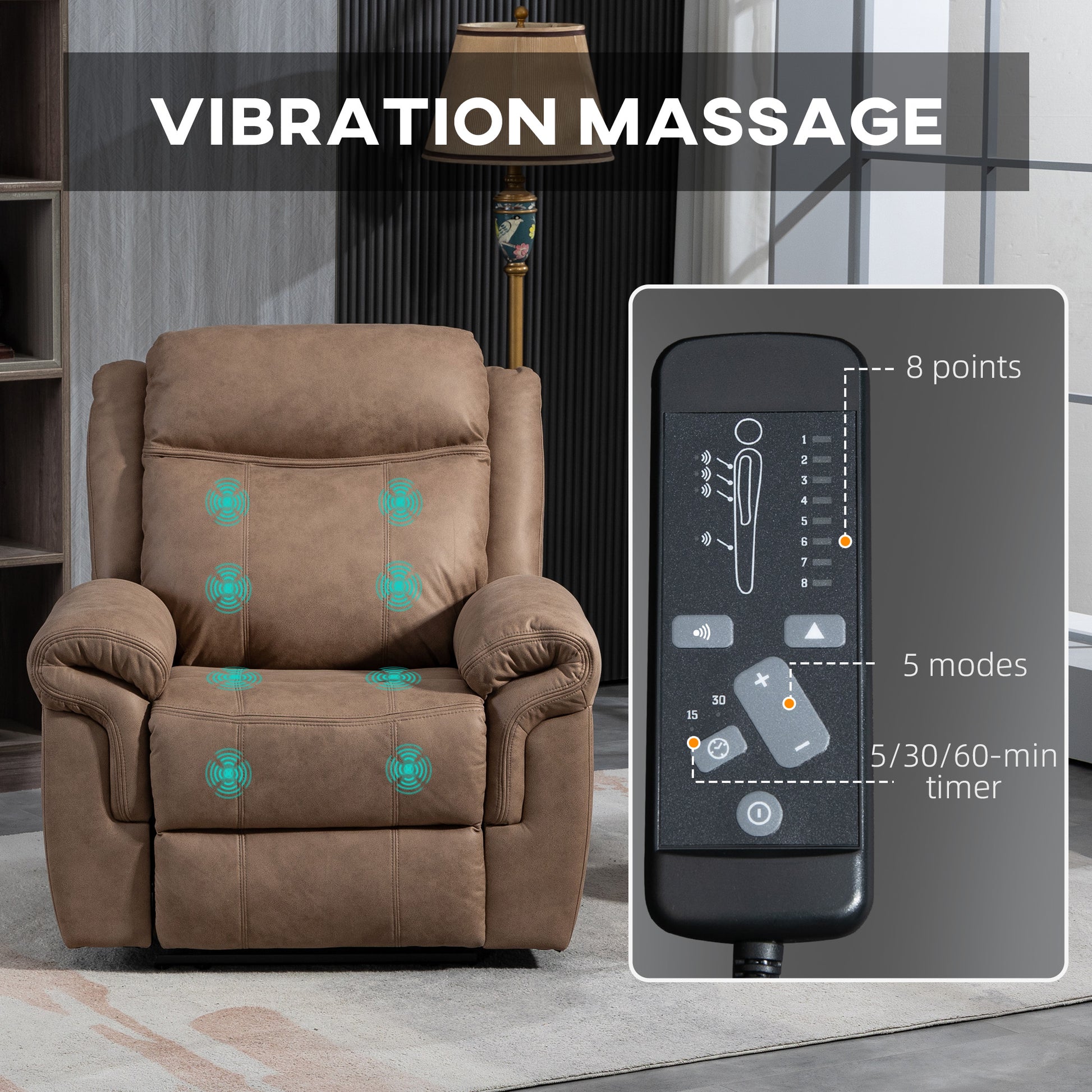 Manual Recliner Chair with Vibration Massage, Side Pockets, Microfibre Reclining Chair Nursing Chair for Living Room, Br