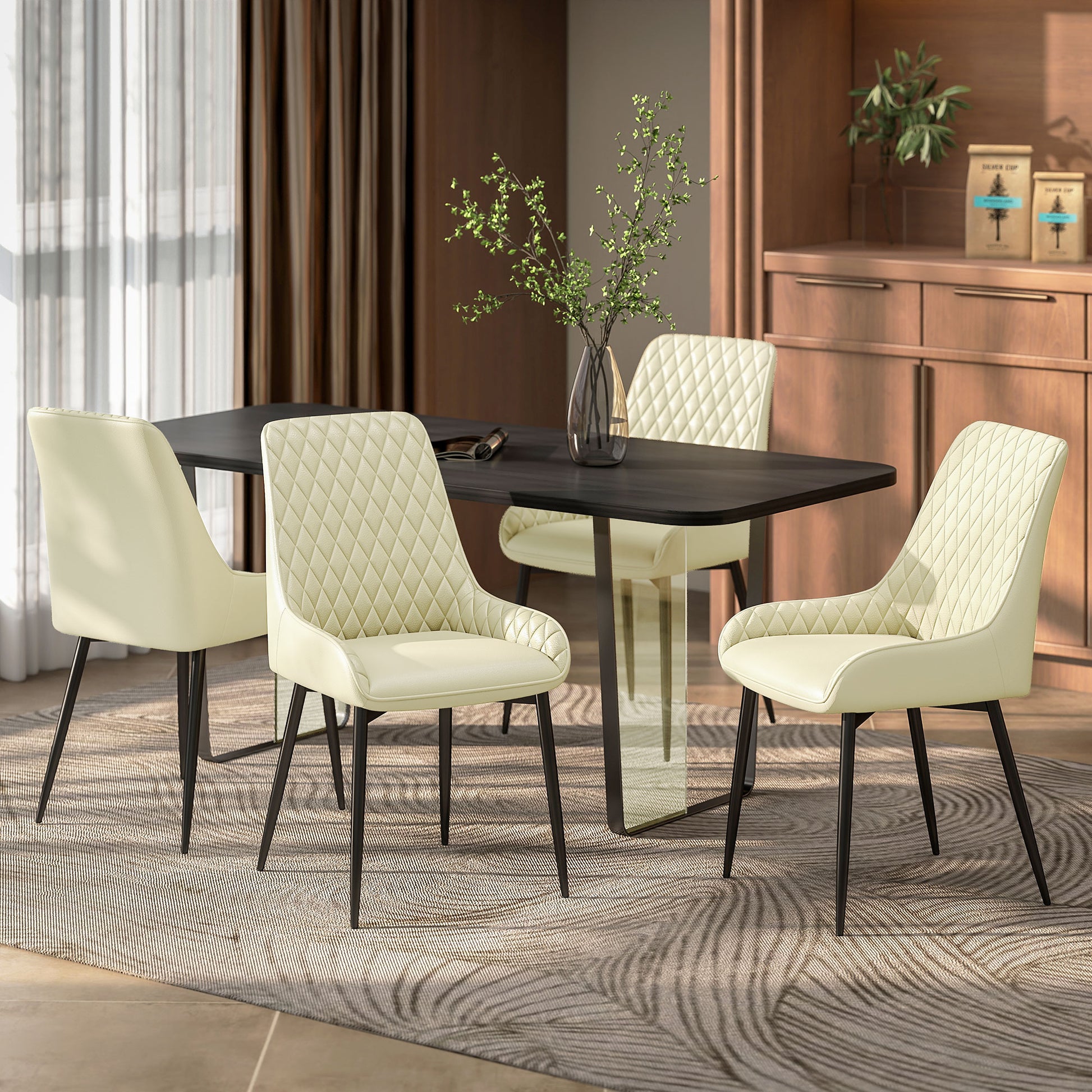Set of 4 Upholstered Kitchen Chairs, Modern Dining Chairs with Diamond Tufting and Steel Legs for Dining Room, Cream Whi