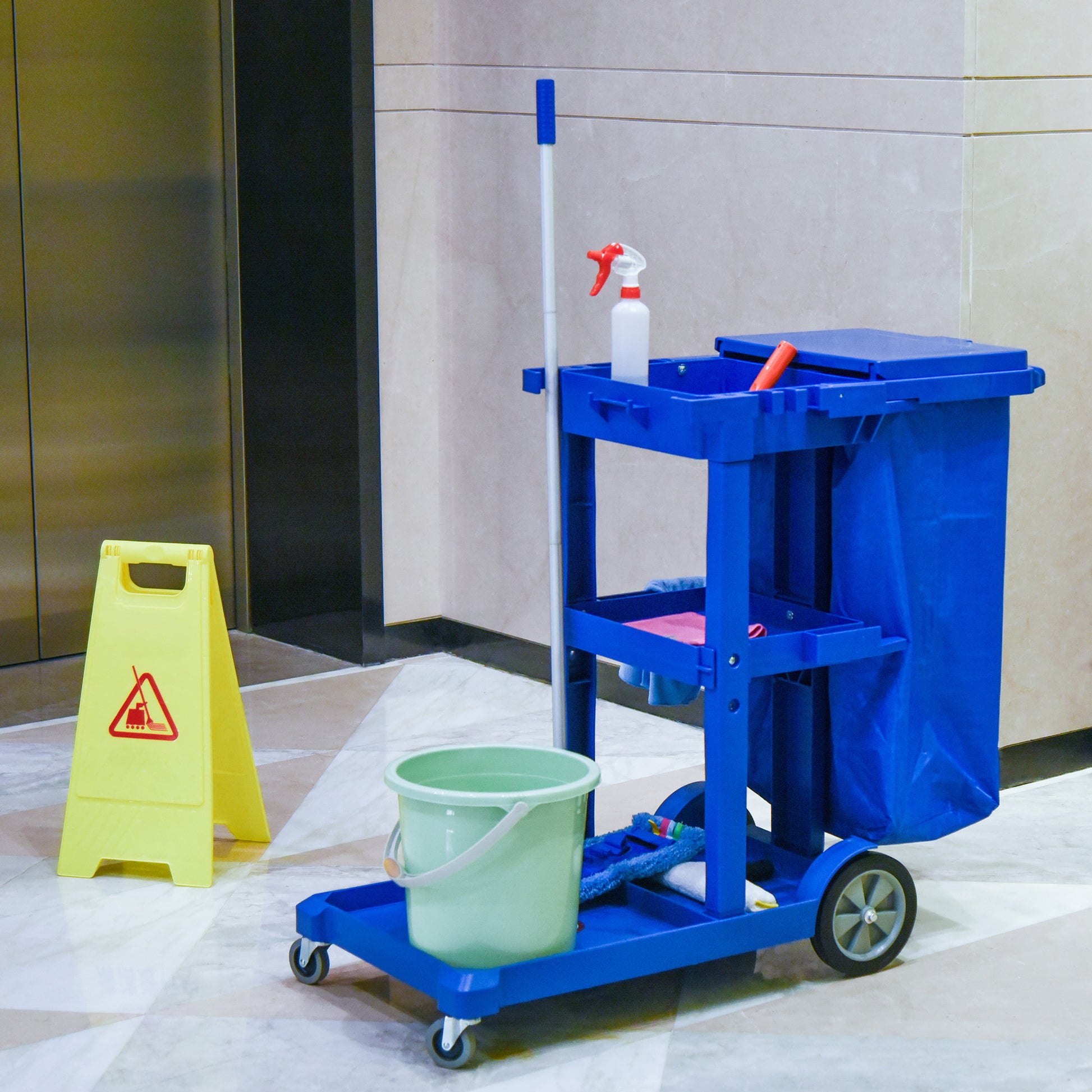 Commercial Janitorial Cart with 3 Tier Shelves, Professional Cleaning Cart with Rubbish Bag with Lid and Mop Mount for H