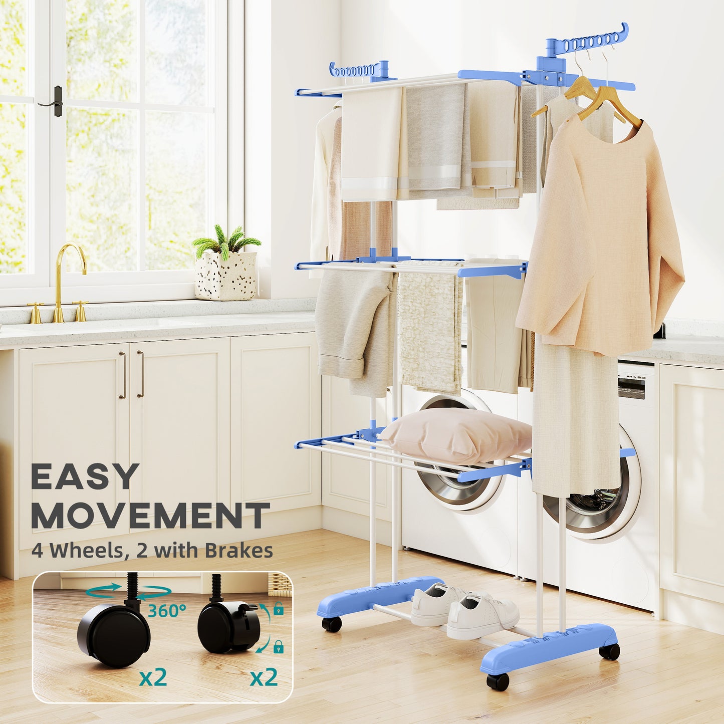 Foldable Clothes Drying Rack, 4-Tier Steel Laundry Rack for Drying Clothes with 2 Side Wings and 4 Castors, Indoor and O