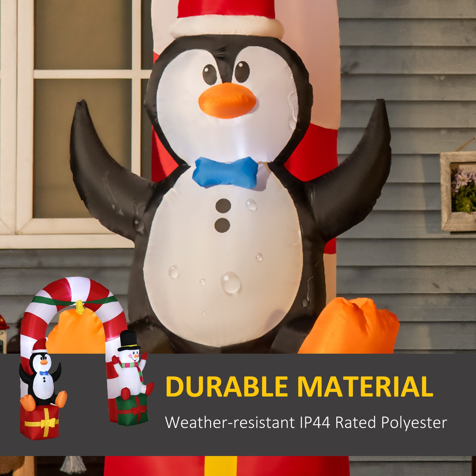 9ft Christmas Inflatable Candy Cane Archway with Penguin Snowman Sit on Gift Box, Blow-Up Outdoor LED Yard Display for L