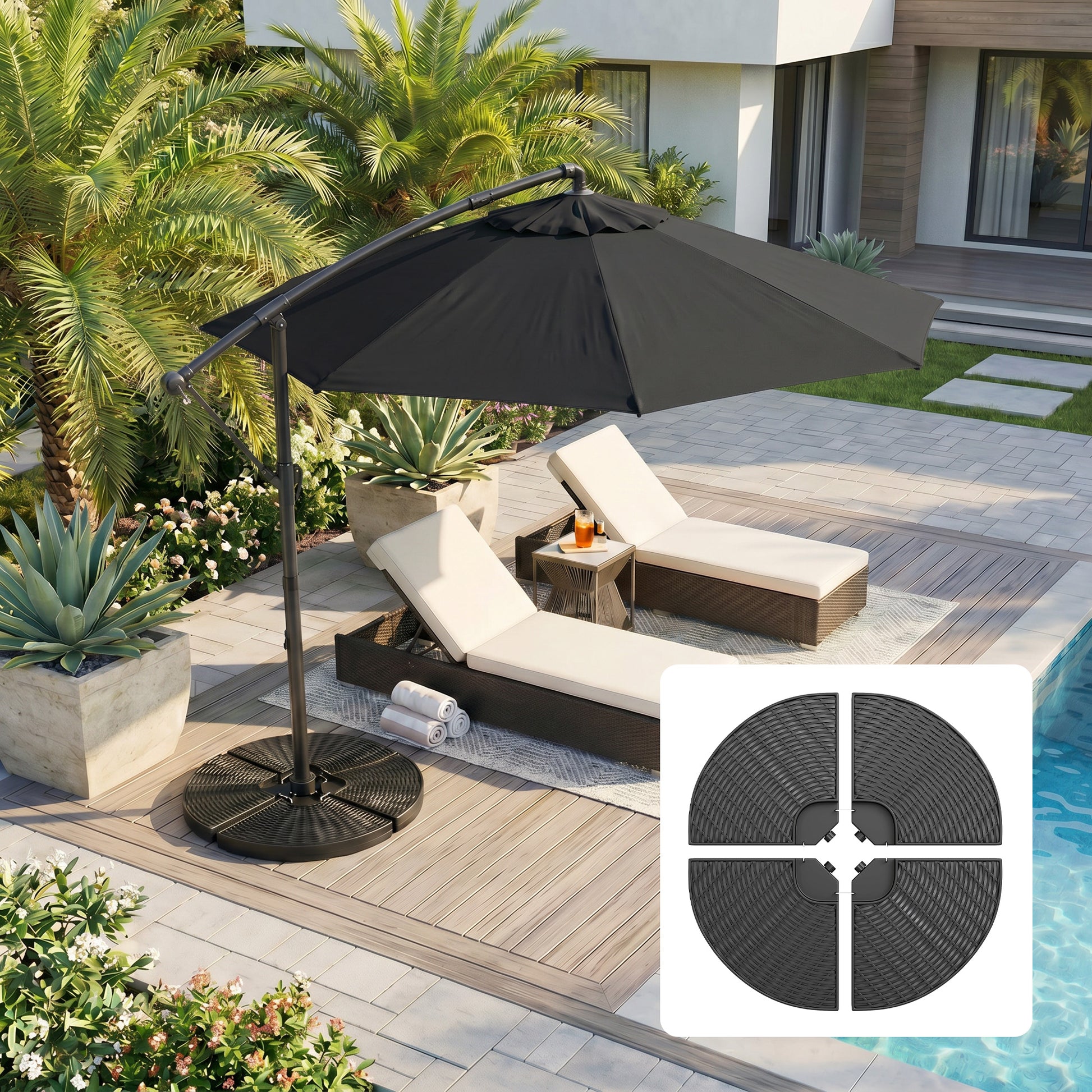 4PCs Cantilever Umbrella Base Weights for Offset Banana Parasol, Wicker Effect HDPE Water or Sand Filled Patio Umbrella 