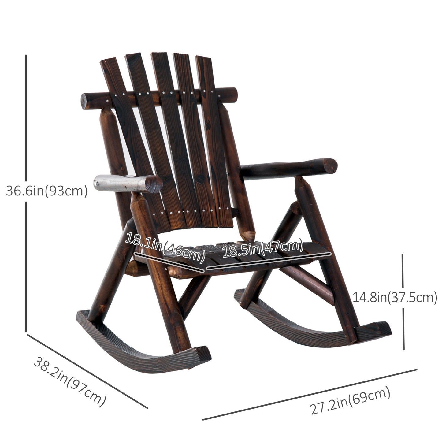 Outdoor Rocking Chair, Wooden Adirondack Outdoor Rocker with High Back, Slatted Seat, Oversized Rustic Patio Rocking Cha