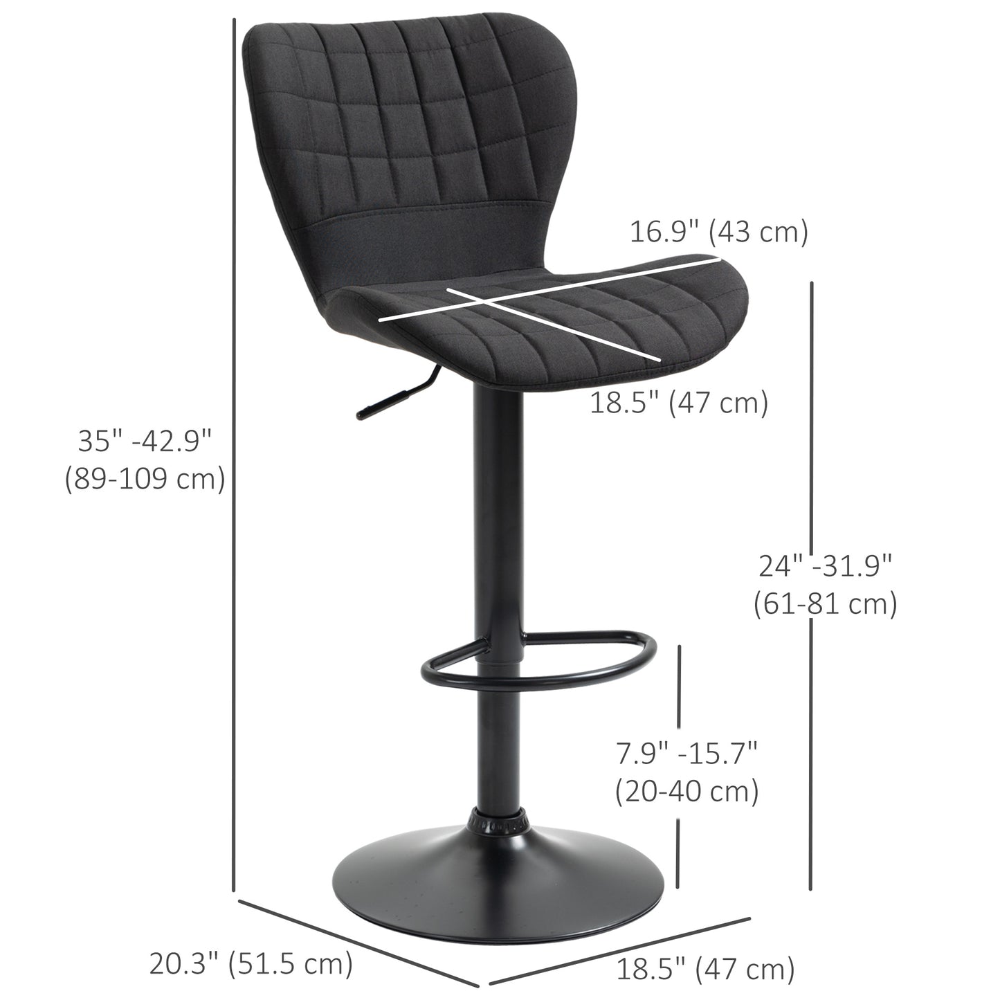 Bar Stools Set of 2, Adjustable Height Swivel Bar Chairs, Linen-feel Fabric Upholstered Kitchen Counter Stools with Wide