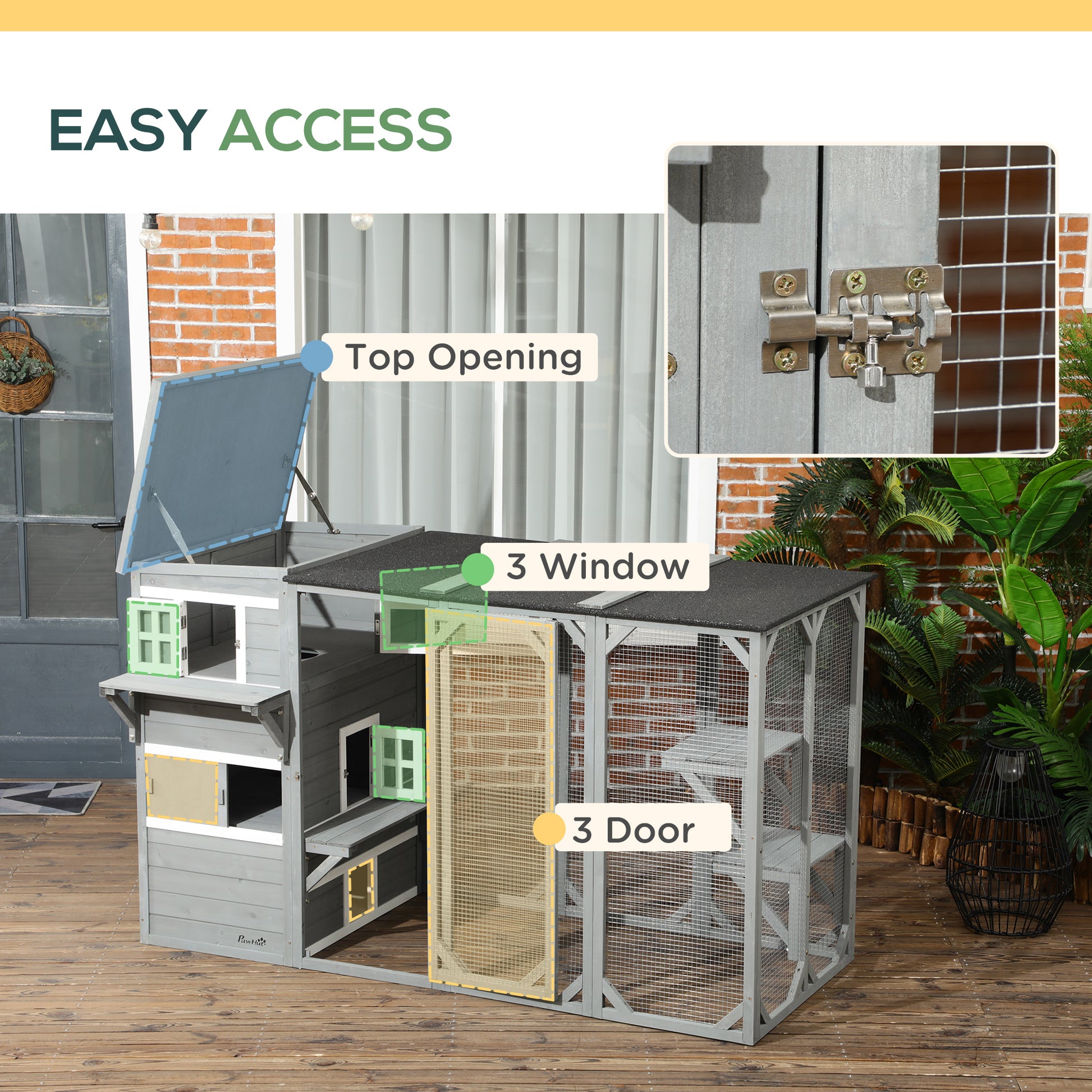Wooden Cat Catio, 76"L Walk in Outdoor Cat House with Asphalt Roof, Platforms, Lockable Doors, 3-tier Resting Condo, Obs