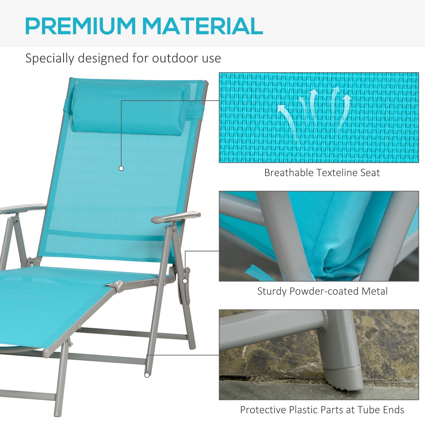 Lounge Chair Outdoor, Folding Patio Chaise Lounger, 360 lbs 7-Position Adjustable Back Outdoor Recliner with Cushion, He