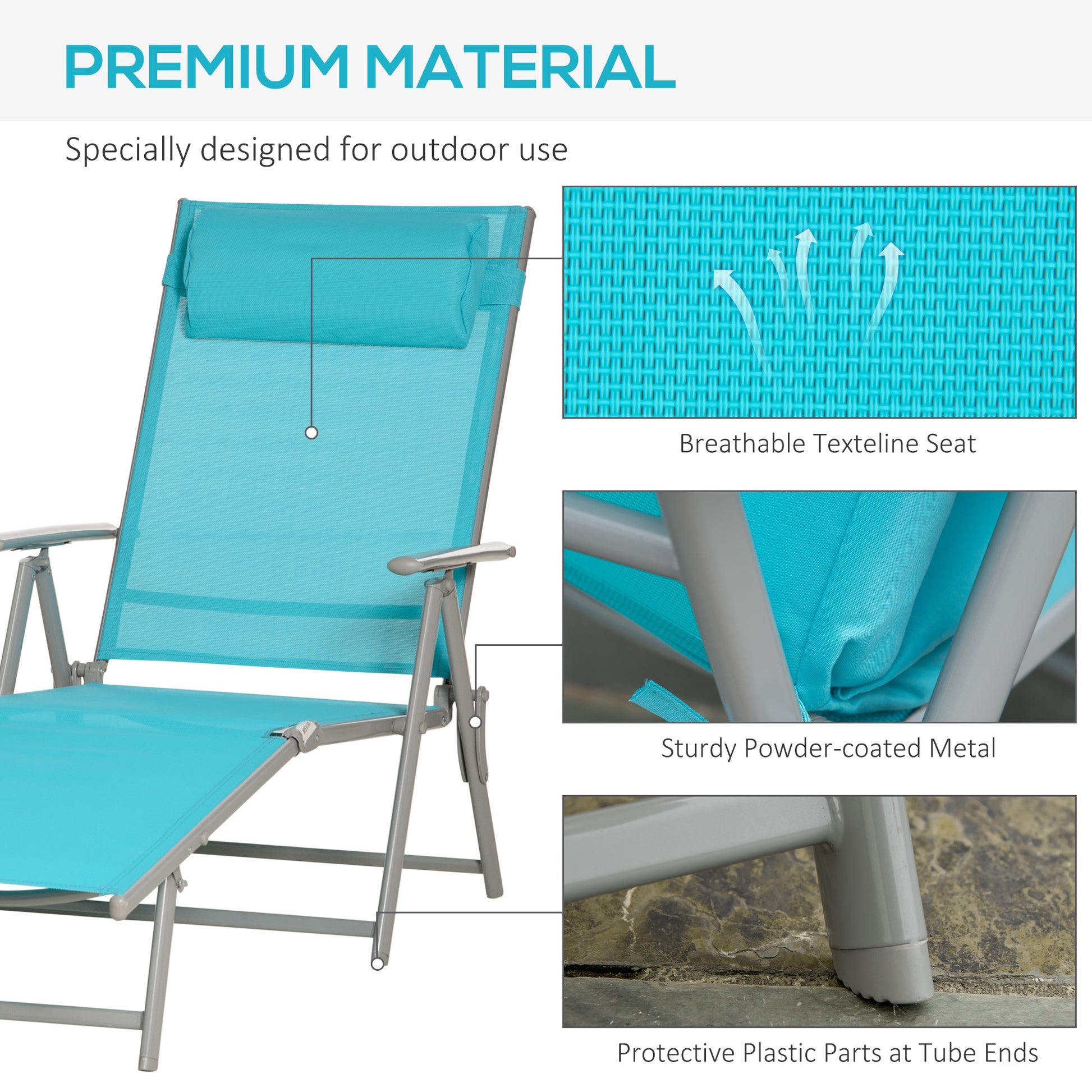 Lounge Chair Outdoor, Folding Patio Chaise Lounger, 360 lbs 7-Position Adjustable Back Outdoor Recliner with Cushion, He