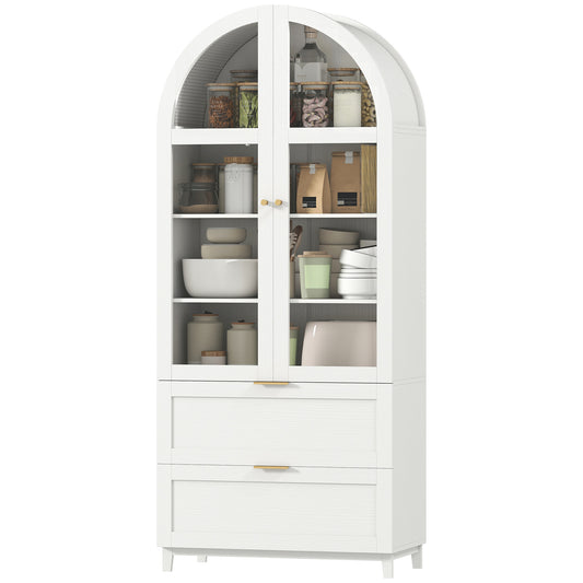 Arched Kitchen Pantry Cabinet, 71" Tall Farmhouse Kitchen Storage Cabinet with 2 Drawers, Acrylic Glass Doors, White