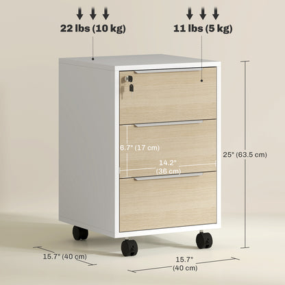 3 Drawer File Cabinet with Wheels, Vertical Filing Cabinet with Lock, Oak