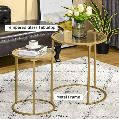 Set of 2 Nesting Coffee Tables with Metal Base, Round Side Table with Tempered Glass Tabletop for Living Room, Bedroom, 