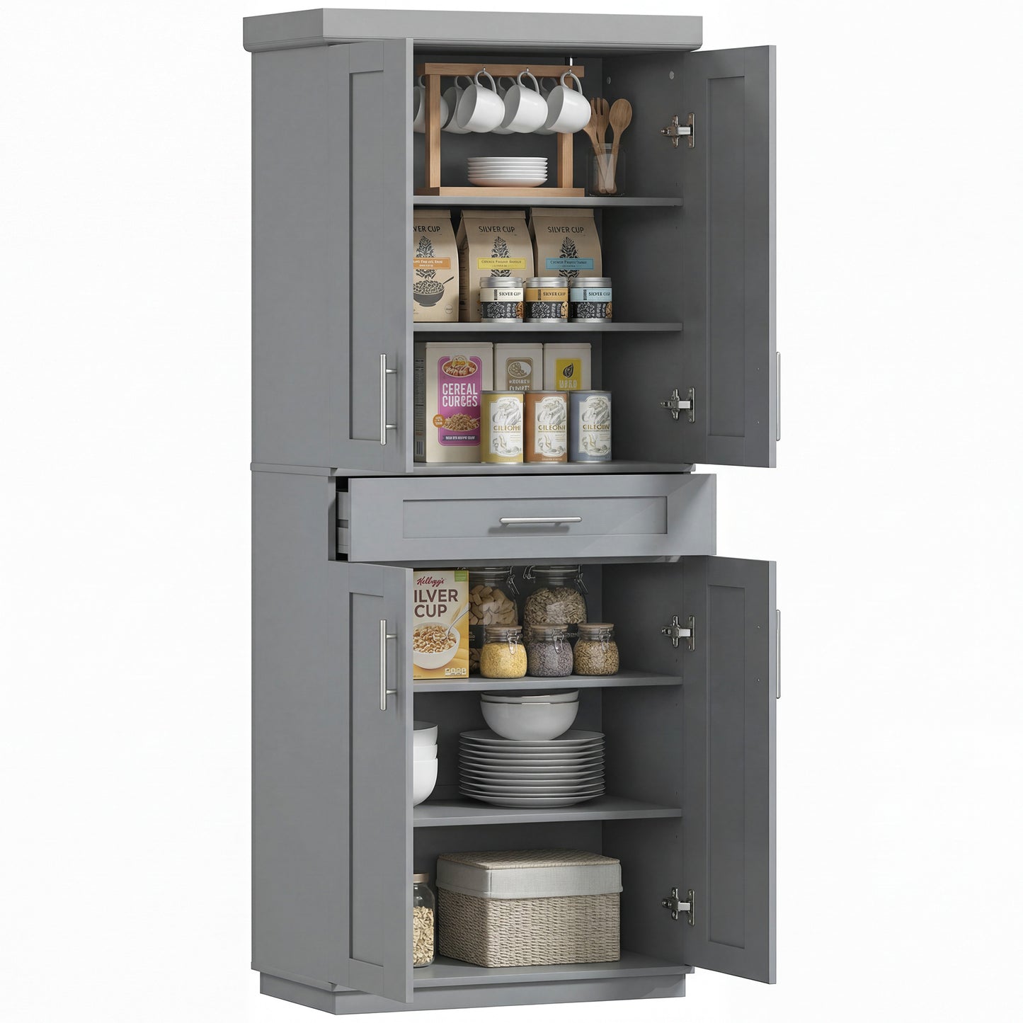 72" Storage Cabinet, Freestanding Kitchen Pantry Cabinet with 4 Doors, Drawer and 3 Adjustable Shelves, Grey