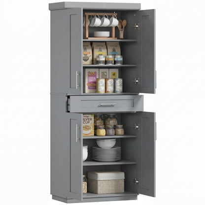 72" Storage Cabinet, Freestanding Kitchen Pantry Cabinet with 4 Doors, Drawer and 3 Adjustable Shelves, Grey
