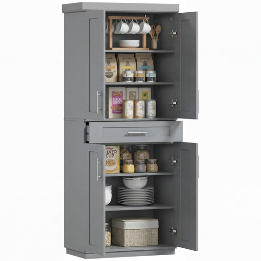 72" Storage Cabinet, Freestanding Kitchen Pantry Cabinet with 4 Doors, Drawer and 3 Adjustable Shelves, Grey