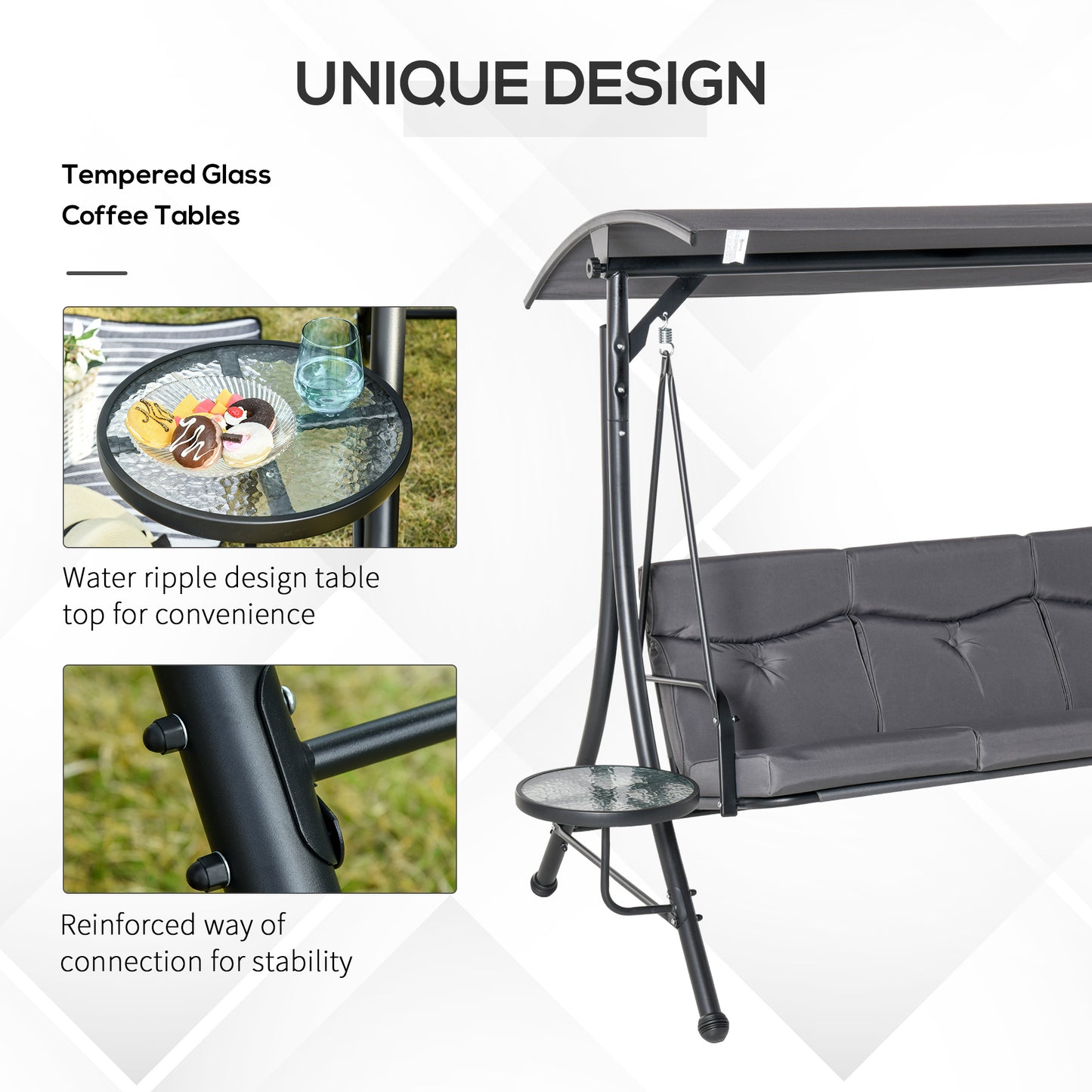 3 Seat Outdoor Swing Chair Steel Swing Bench Porch Swing With Adjustable Canopy, Coffee Tables and Cushion for Patio Gar