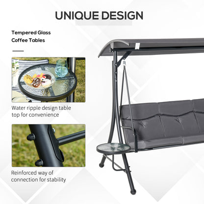 3 Seat Outdoor Swing Chair Steel Swing Bench Porch Swing With Adjustable Canopy, Coffee Tables and Cushion for Patio Gar