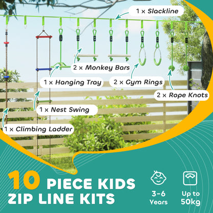 Qaba Obstacle course for Kids, with 10-Piece Slackline Kit with Monkey Bars, Gym Rings, Rope Ladder, Nest Swing, Hanging