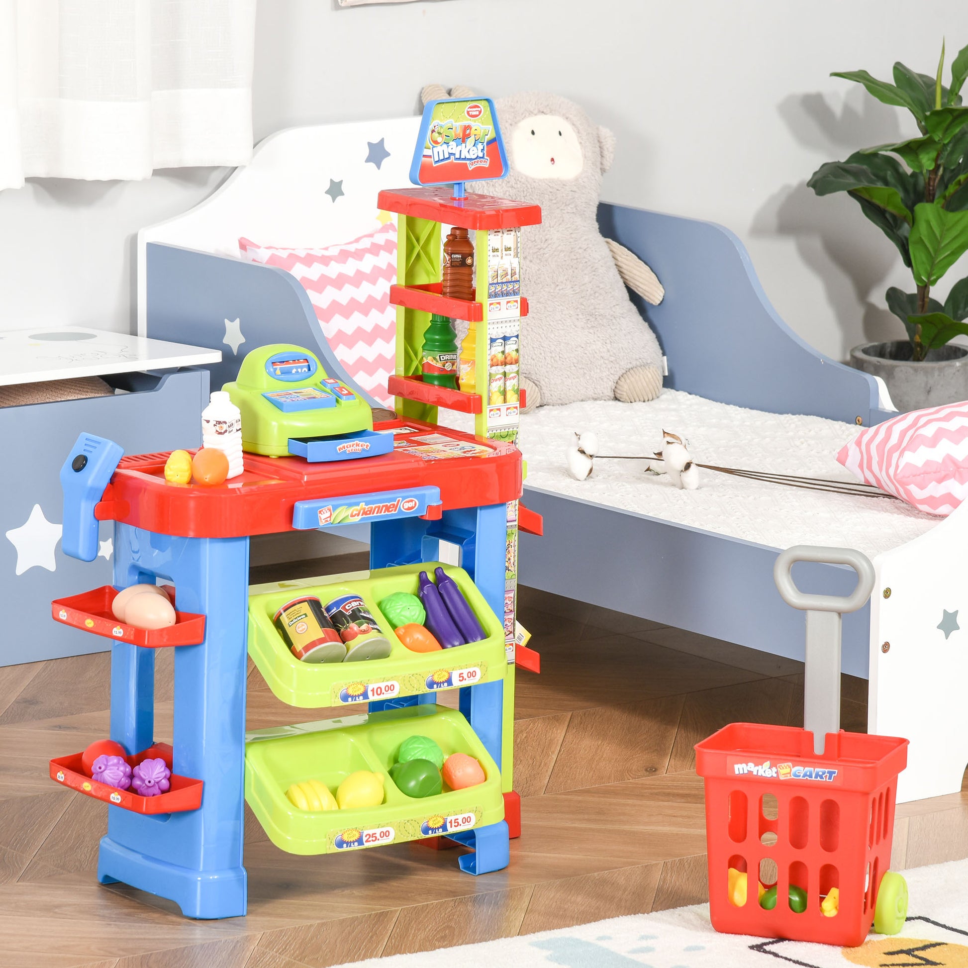 Qaba Kids Supermarket Playset with Cash Register – 50-Piece Grocery Store Pretend Play Toy with Checkout Counter for Boy