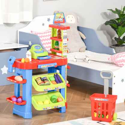 Qaba Kids Supermarket Playset with Cash Register – 50-Piece Grocery Store Pretend Play Toy with Checkout Counter for Boy