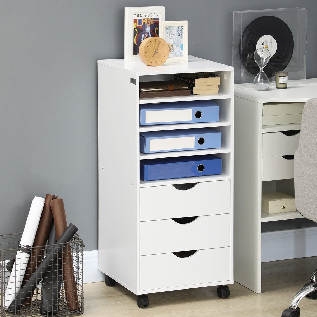 Vertical Filing Cabinet, Mobile File Cabinet on Wheels with 3 Drawers and 4 Open Shelves, Printer Stand with Lockable Ca