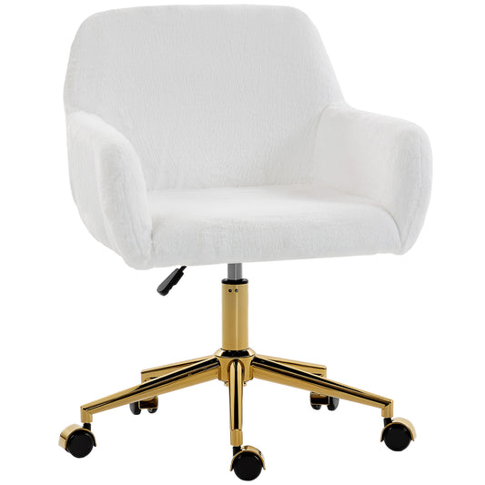 Office Chair, Faux Rabbit Fur Upholstered Vanity Desk Chair, Cream White