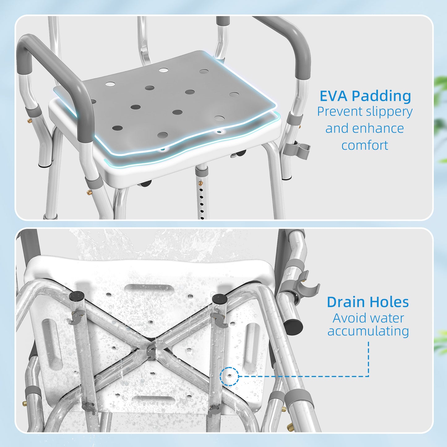 Adjustable Shower Chair with Arms Back and Padded Seat, Light Grey