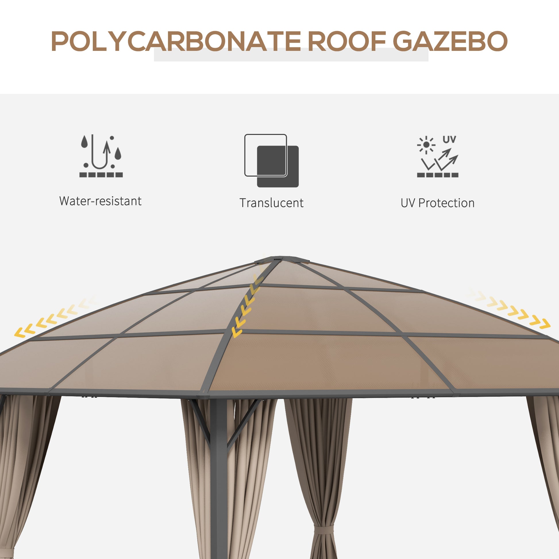 10' x 10' Outdoor Hardtop Gazebo Canopy with UV60+ Polycarbonate Roof, Steel Frame, Central Hook, Curtains, Khaki