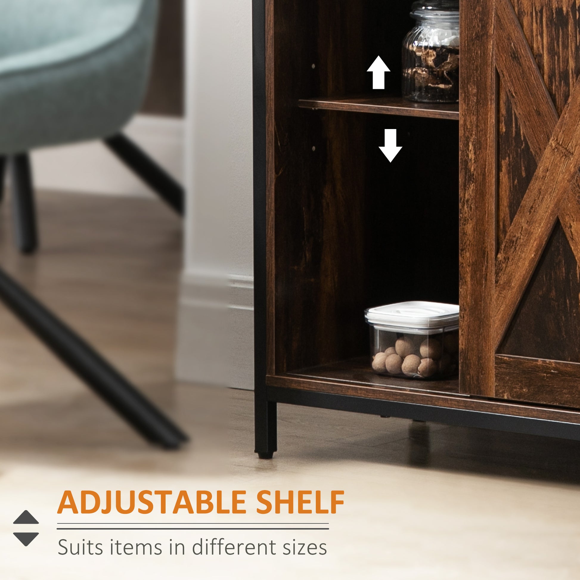 Industrial Sideboard, Buffet Cabinet with Sliding Barn Doors, Storage Cabinets and Adjustable Shelves for Living Room, K