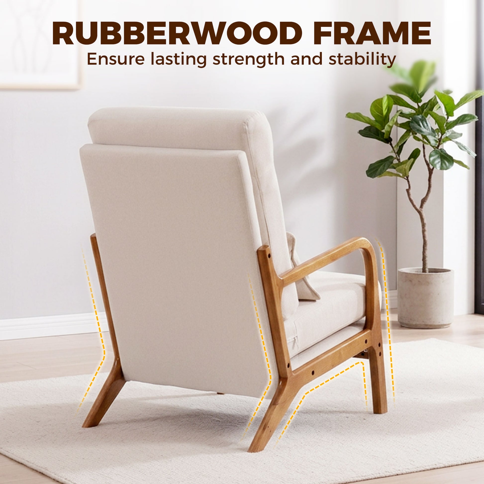 Modern Accent Chair, Linen Armchair with Lumbar Pillow, High Back, Wide Seat, Thick Cushion, Solid Wood Frame, Cream Whi